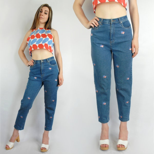 90s high waist jeans with american flag applique, Size 8, 28 inch waist, US Flag, AMERICANA, American Flag, Independence Day, 4th of July