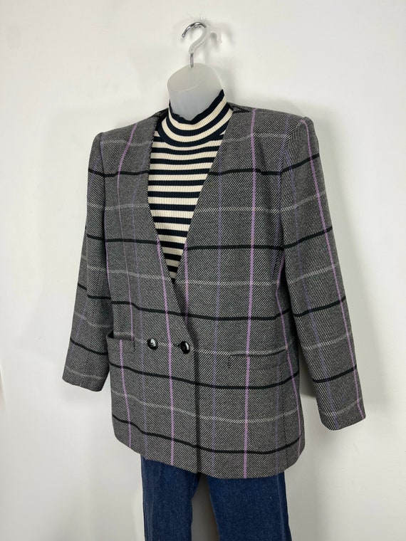 90s vintage gray and purple plaid blazer, Size 10… - image 5