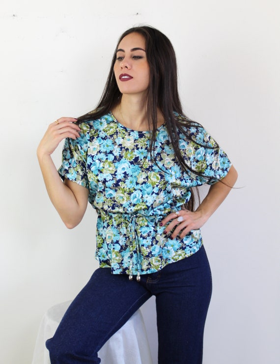 70s blue and green floral peplum top with drawstr… - image 3