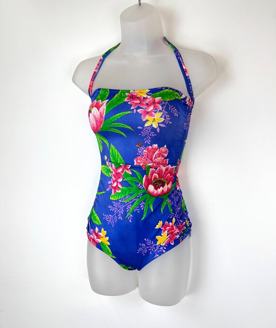 90s vintage blue and pink floral ruched one piece… - image 4