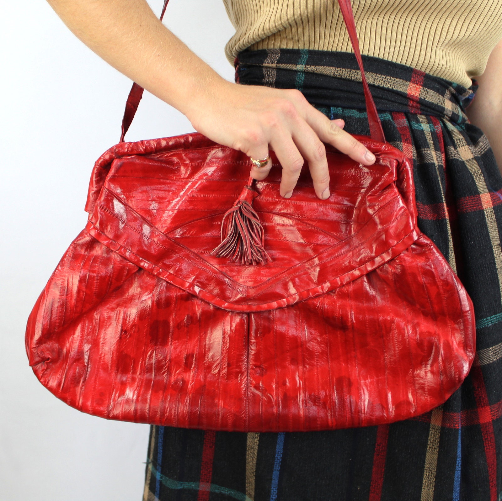 90s Red Patchwork Leather Shoulder Purse, Red Shoulder Bag