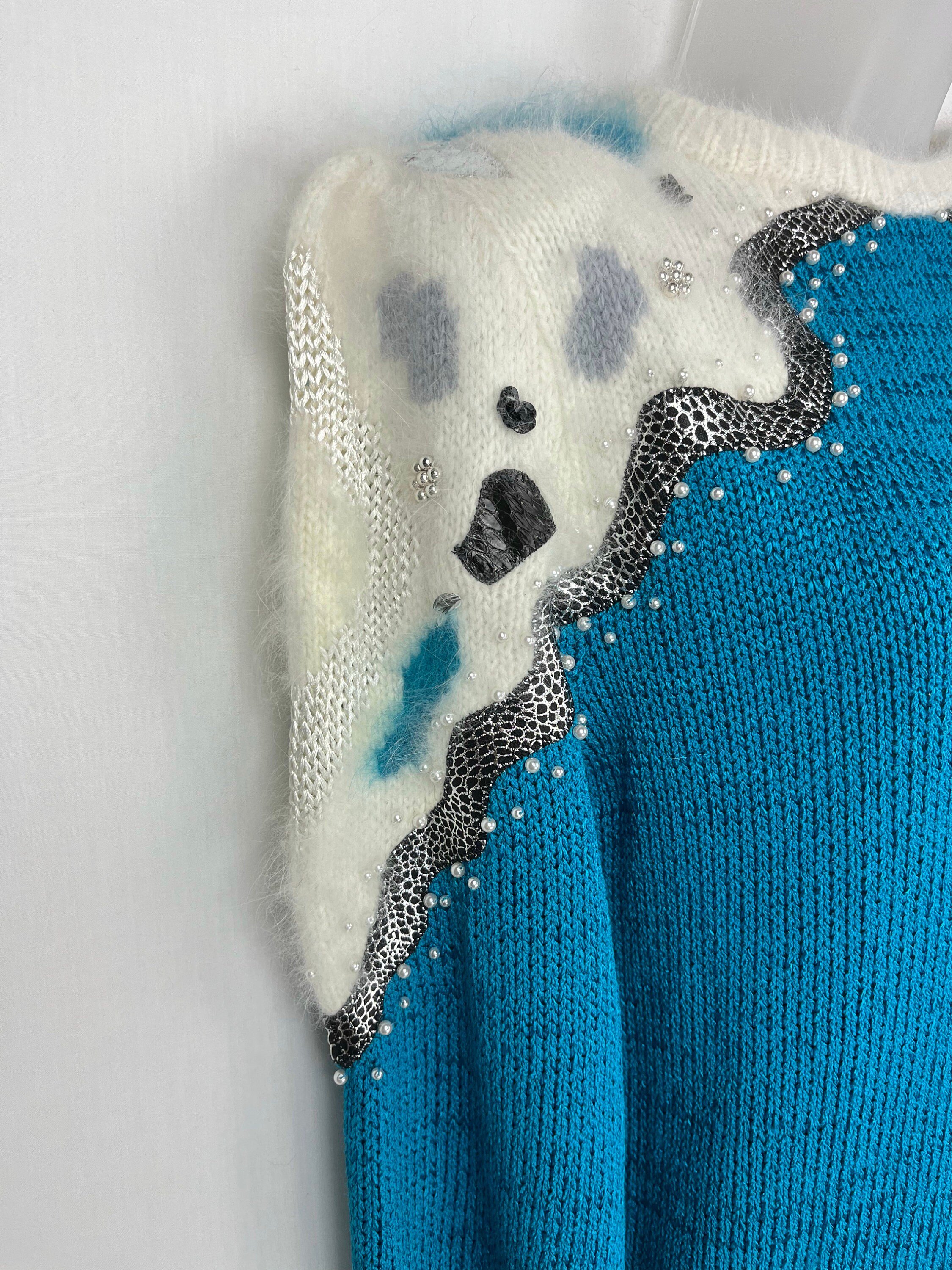 80s Vintage Cerulean Blue and White Angora Patchwork