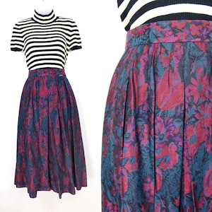 90s vintage dark jewel tone floral print pleated midi skirt by GEIGER Size 36, 26 Inch Waist, Dark Academia Winter Florals Floral Silk Skirt