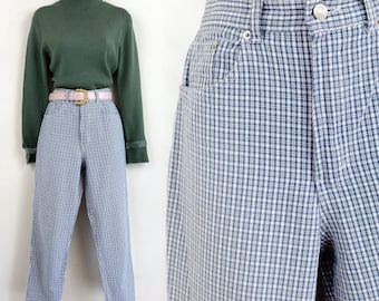 90s blue and white gingham plaid high waist jeans, IBER, 28 inch waist, Plaid Jeans, 90s Denim, Italian Denim, Cottagecore, 90s Aesthetic
