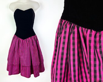 80s strapless black velvet and hot pink plaid prom gown, 50s Style Rockabilly Black and Pink Plaid, 90s Prom Dress, Emo&#39;s Not Dead, Emo Prom