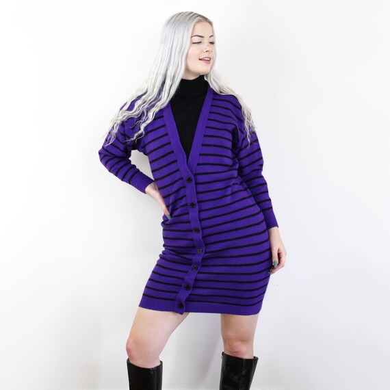 80s Vintage Purple and Black Striped Mock Neck Sweaterdress, Faux Cardigan,  Medium, High Neck Sweater, 80s Sweaterdress, 90s Aesthetic - Etsy