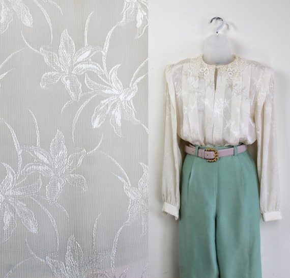 80s cream floral burnout blouse with lace collar,… - image 1