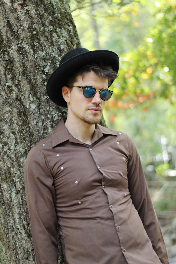 70s brown mens western button shirt, Vintage Weste