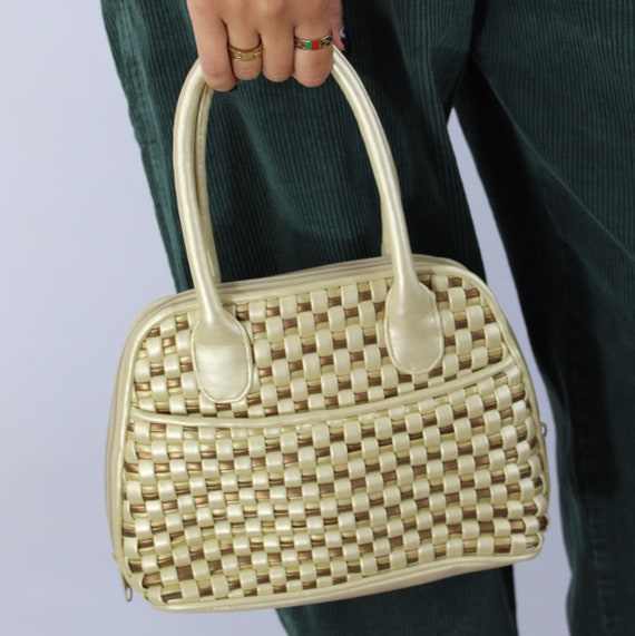 80s metallic gold and silver woven leather should… - image 3
