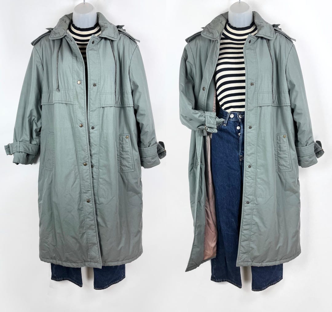 80s Vintage Light Slate Blue Puffer Trench Coat by Etienne Aigner