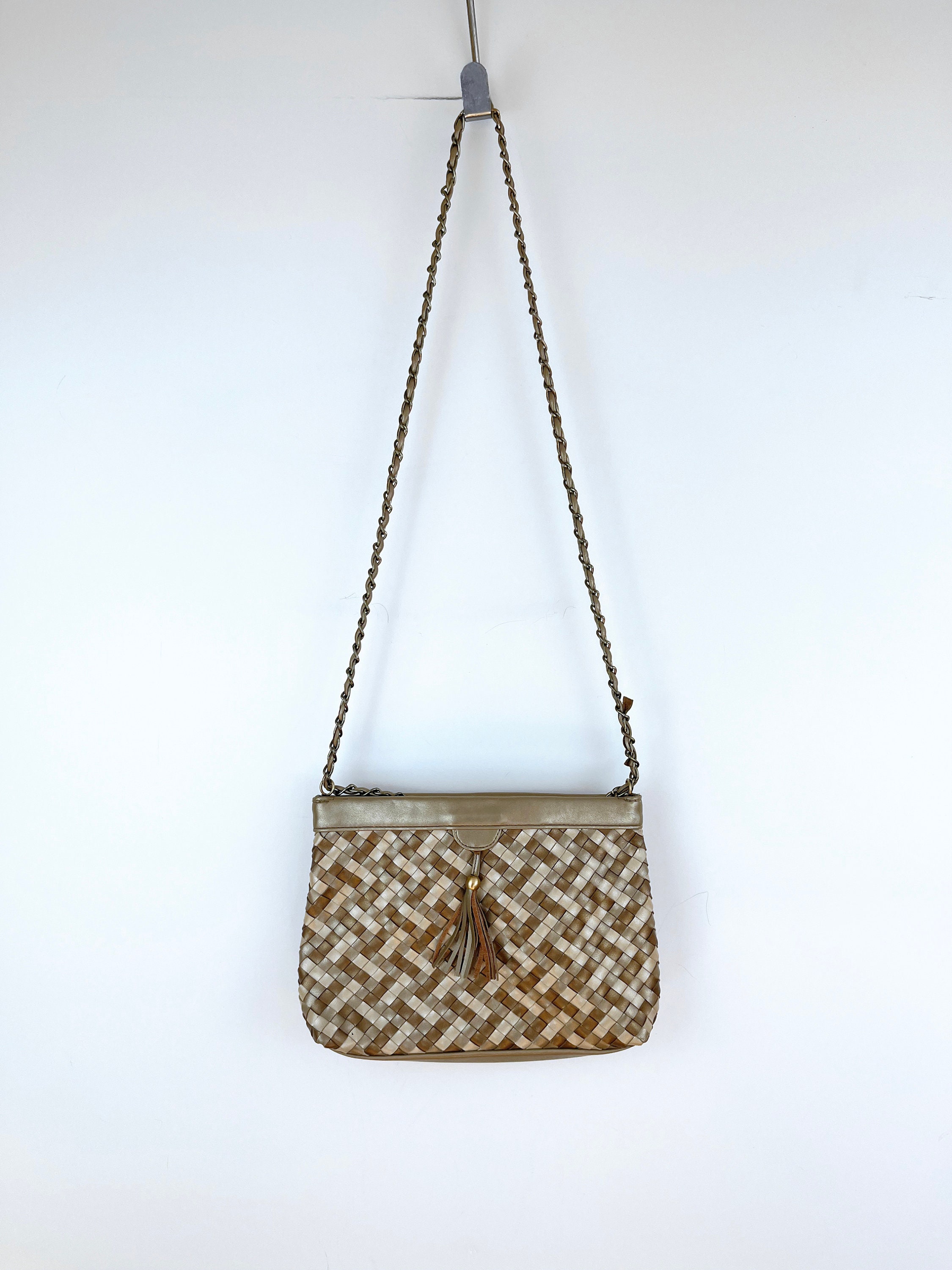 80s Vintage Gold and Bronze Woven Faux Leather Shoulder