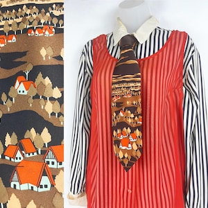 70s vintage brown and orange Farmhouses pastoral print necktie 57 inch tie Wide Necktie Mens Vintage Unisex Necktie Gift For Him Retro Tie