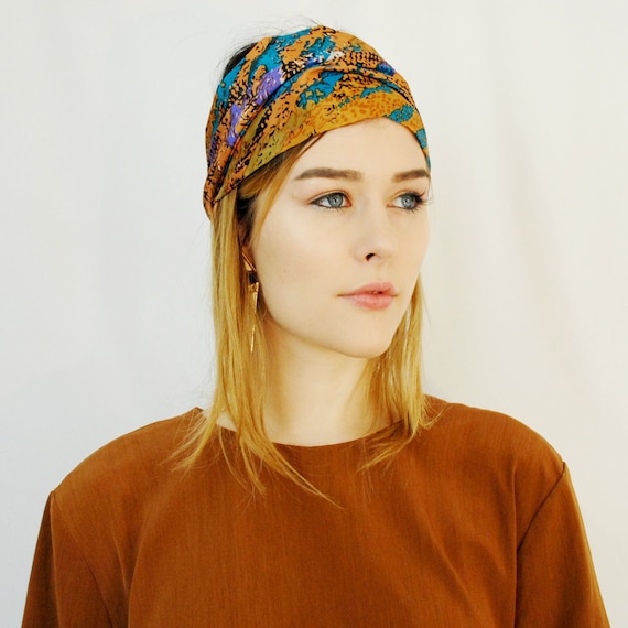 80s Vintage Bold Colorful Patterned Long Silk Head Scarf or  display picture 1
