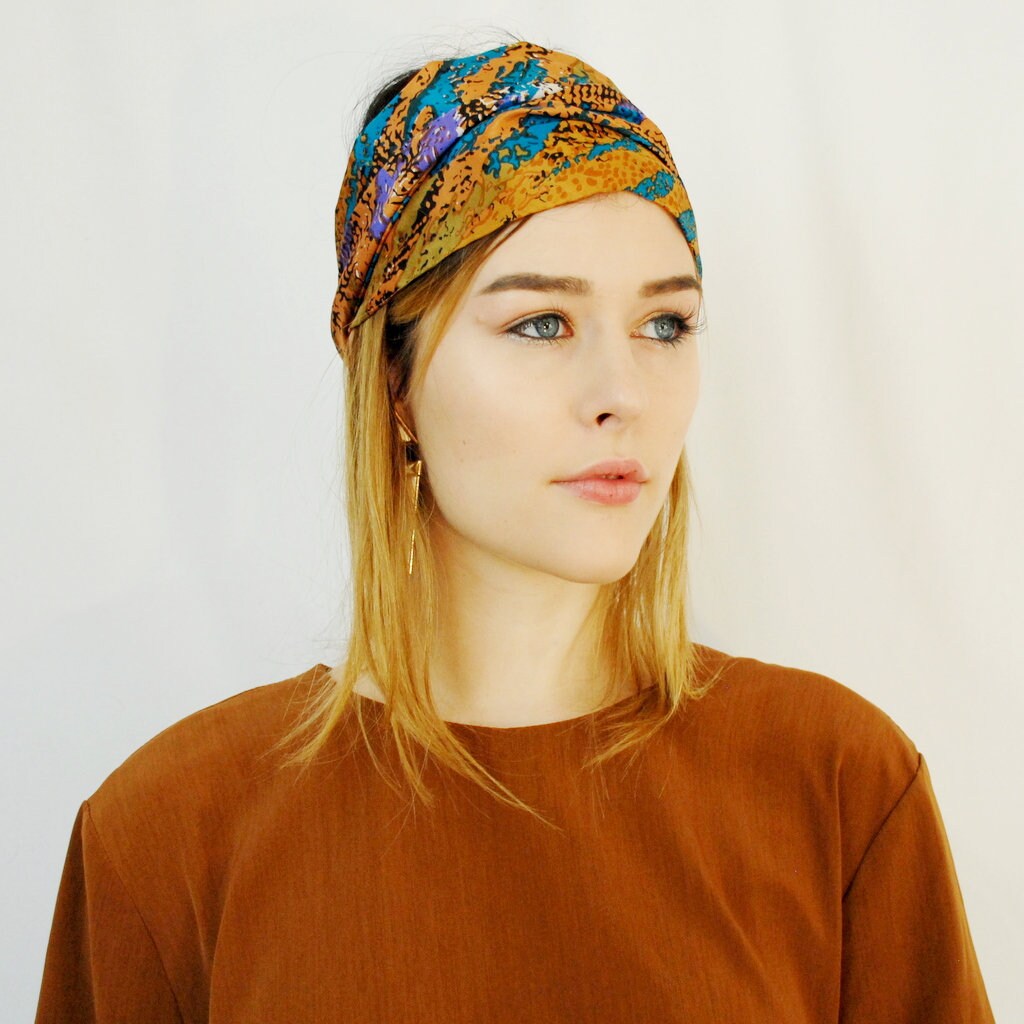 80s bold patterned silk head scarf Long Scarf Boho Etsy