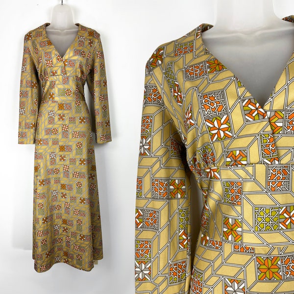 60s vintage beige olive and orange geometric print Maxi Dress Hostess Gown Stained Glass 60s Formal Dress 1960s Clothing 60s Hostess Dress