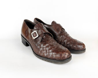 90s vintage brown woven leather Oxfords with buckle Size 7.5 Shoe Brown Woven Loafers Buckle Oxfords Light Academia Collegiate Pilgrim Shoes