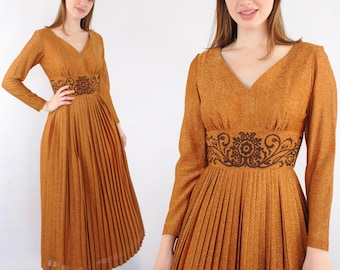 70s rust gold Lurex long sleeve maxi formal dress ALFRED SHAHEEN, Size 8, 70s Goddess, 70s Evening Gown, Vintage Hollywood, Hollywood Glamor