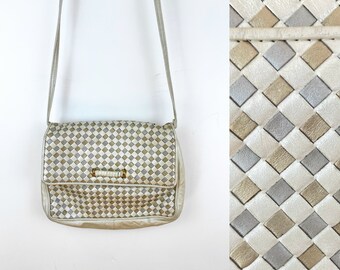 90s vintage cream gold and silver woven leather shoulder purse, Metallic Leather Purse Woven Leather Bag 90s Shoulder Bag 90s Vintage Purse