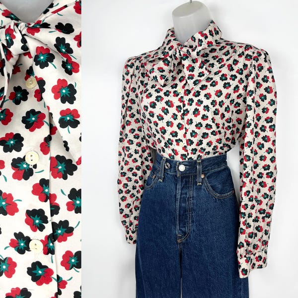 80s vintage red & black and green ditsy floral print long sleeve blouse with bow and Peter Pan collar Medium Retro Floral Poly Blouse 1980s