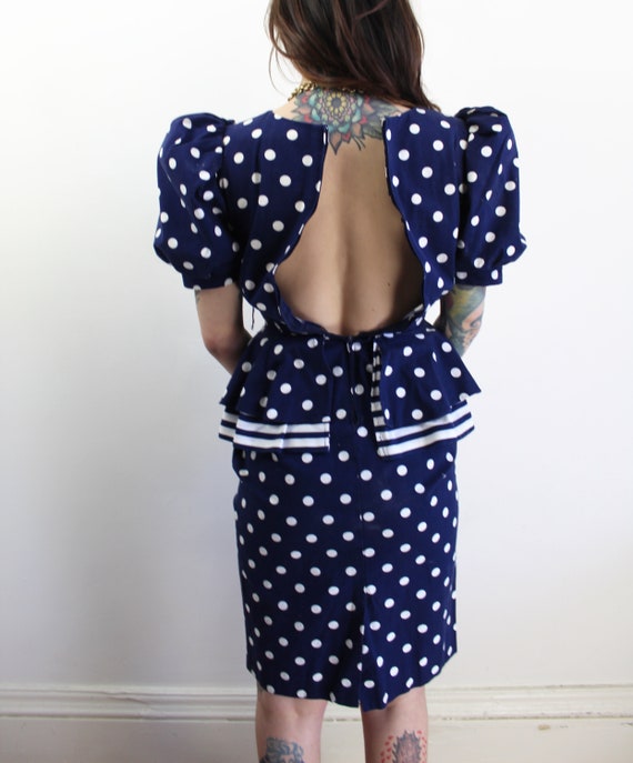 80s does 40s navy polka dot peplum dress, Size 4,… - image 6