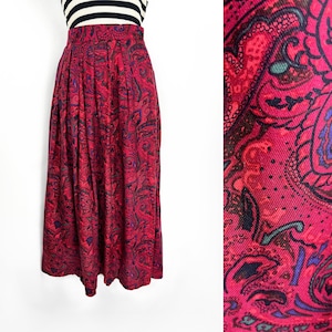 90s vintage bright red and magenta paisley print midi skirt Size 8, 28 Inch waist 90s Rayon Skirt Eurocore Skirt for Summer Dark Academia