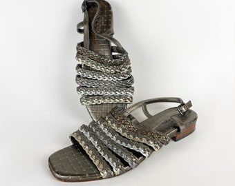 90s vintage metallic woven leather strappy slingback sandals by Sesto Meucci made in Italy Silver Slingback Sandals Silver and Gold Sandals