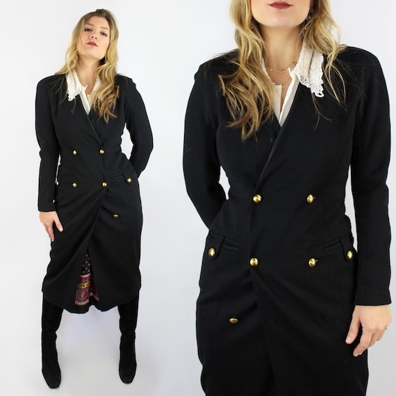 90s Black Wool Blend Double Breasted Military Style Coat With Gold Buttons Size 4 Black Midi Jacket Dark Academia VSCO 90s Outerwear Etsy