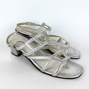90s vintage metallic silver leather strappy slingback heel sandals Size 7 Shoe 1990s Slingback Sandals  Silver Strappy Heels Prom Homecoming