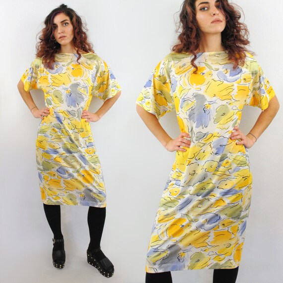 80s yellow floral print shift dress, Made in Franc