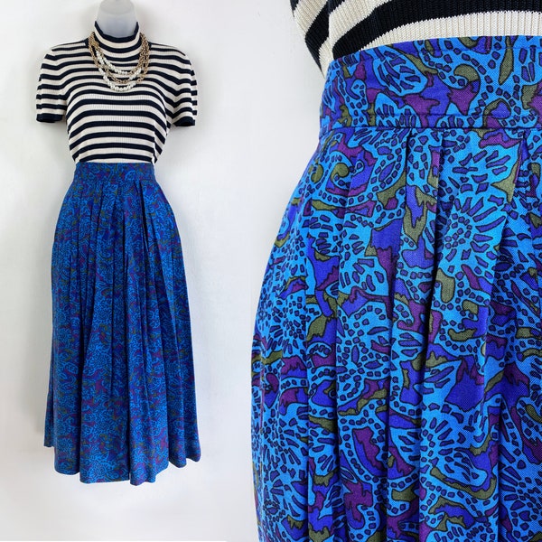 90s vintage blue patterned rayon midi skirt, Evan Picone, 26 inch waist Festival Fashion 90s Rayon Skirt Hippie Boho Skirt 90s Paisley Skirt