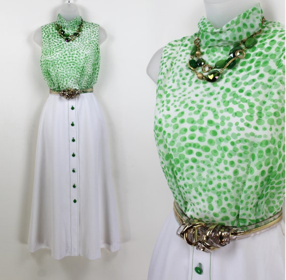 60s White and Lime Green Polka Dot Color Block High Neck Maxi Dress SMALL  Retro Prom Gown, 60s Prom Dress, Retro Prom, Sleeveless Maxi Dress - Etsy