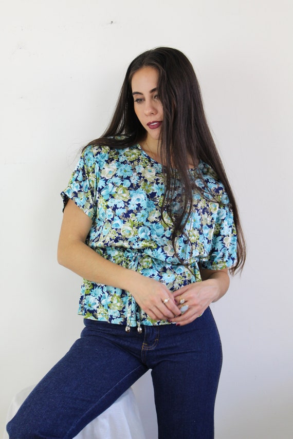 70s blue and green floral peplum top with drawstr… - image 5