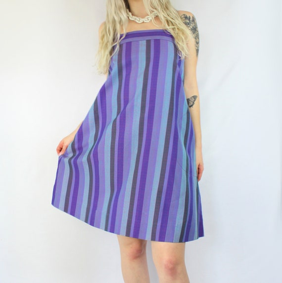 60s Vintage purple and blue striped retro smock d… - image 2