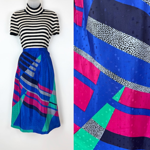 80s vintage cobalt blue jewel tones geometric print midi skirt 30 Inch waist Geo Print Skirt 80s Clothing 1980s Fashion Vaporwave New Wave