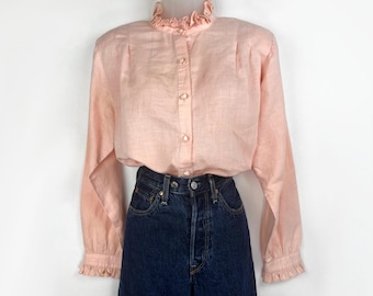 80s vintage pale pink linen blend high neck ruffle button front blouse Small Medium Pink Ruffle Blouse Pastel Pink Secretary 80s Clothing