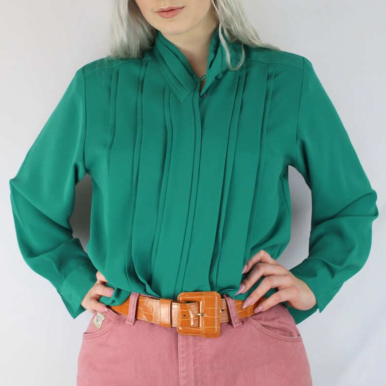 80s teal green pleat front poly blouse teal poly blouse teal pleated blouse 80s vintage blouse secretary blouse 80s vintage blouse