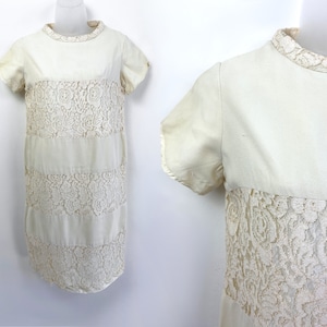 60s Vintage cream and lace block mini dress with mock neck, Last Night in Soho, 60s Mod Dress, 60s Mini Dress, Second Wedding Dress, GoGo