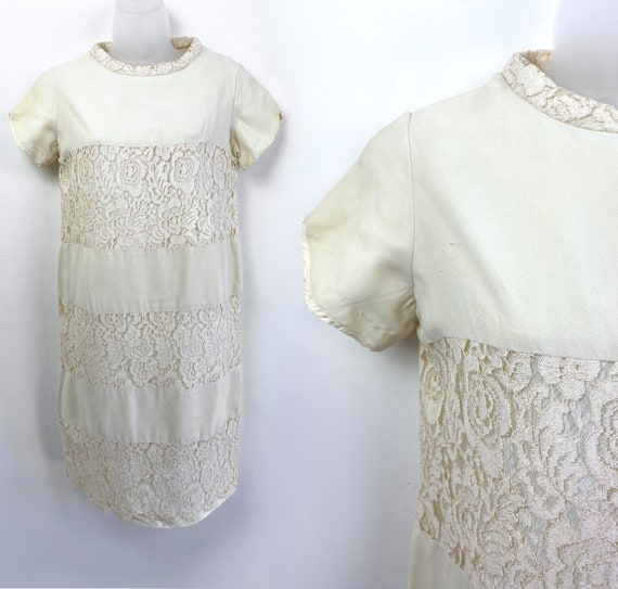 60s Vintage cream and lace block mini dress with … - image 1