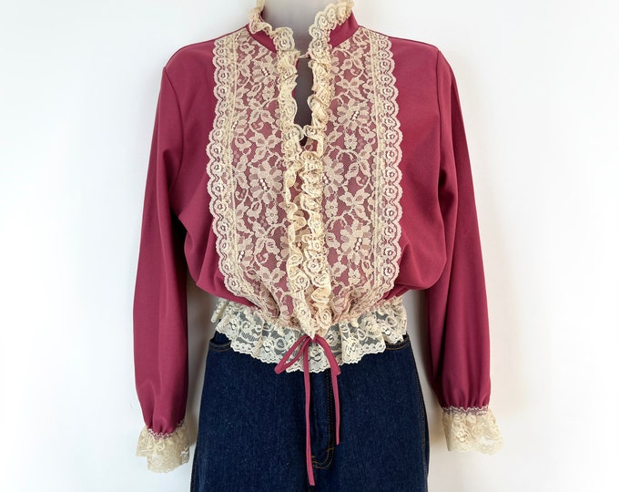 80s Vintage Deep Rose Pink Blouse With Cream Lace Ruffle Small Medium ...
