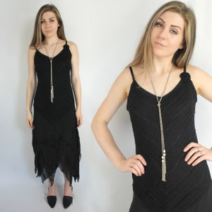 90s black beaded crochet midi dress, Kroshetta for Papillon, Medium, Black Sheer Floral Sleeveless, Homecoming Dress, Black Evening Dress