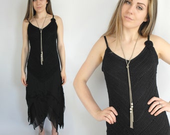 90s black beaded crochet midi dress, Kroshetta for Papillon, Medium, Black Sheer Floral Sleeveless, Homecoming Dress, Black Evening Dress