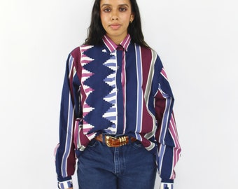 90s jewel tone southwestern print button blouse, Size Large, Western Shirt, Cotton Blouse, Womens Western, 90s Aesthetic VSCO Cottagecore
