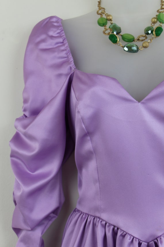 80s purple satin ball gown with ruched sleeve, Ta… - image 4