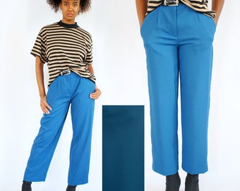 90s dark teal blue high waist tapered dress slacks, 28 inch waist, Female Dr. Who, Teal Trousers, Teal Cropped Trousers, 90s Vintage Trouser