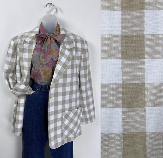 90s vintage beige and white box plaid blazer, Siz… - image 1