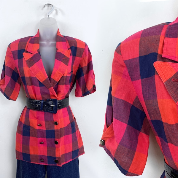 80s vintage hot pink and navy plaid double breasted tailored blouse Small Medium, 80s does 50s 50s Style Rockabilly Country Club 80s Fashion