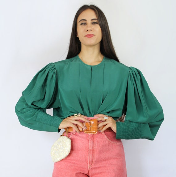 80s teal green pleated bishop sleeve blouse, Larg… - image 1
