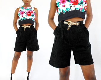 90s black suede high waist bermuda shorts, 27 inch waist, Black Suede Shorts, Leather Shorts, FRENCH CHIC, Suede Bermudas, 90s Suede Shorts