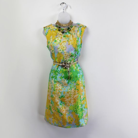 60s Vintage neon floral print sleeveless sheath d… - image 5