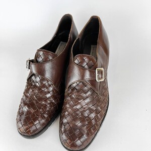 90s vintage brown woven leather Oxfords with buckle Size 7.5 Shoe Brown Woven Loafers Buckle Oxfords Light Academia Collegiate Pilgrim Shoes image 7